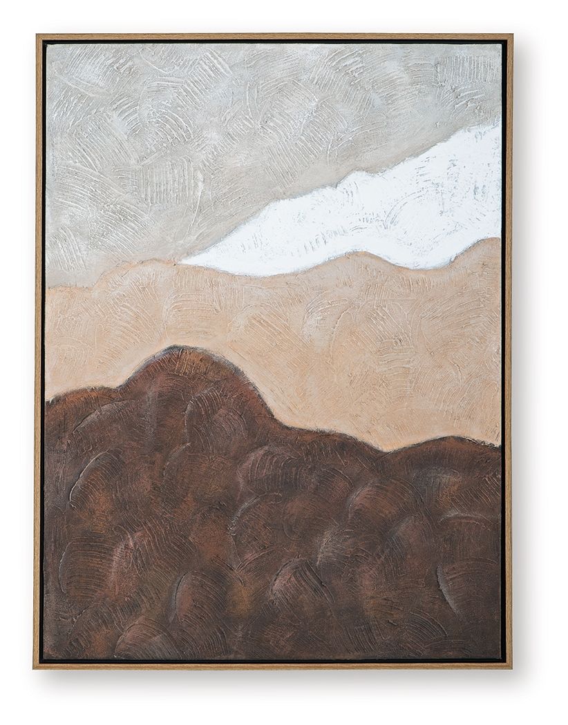Framed abstract wall art with tan, brown, and white textured shapes and curved forms