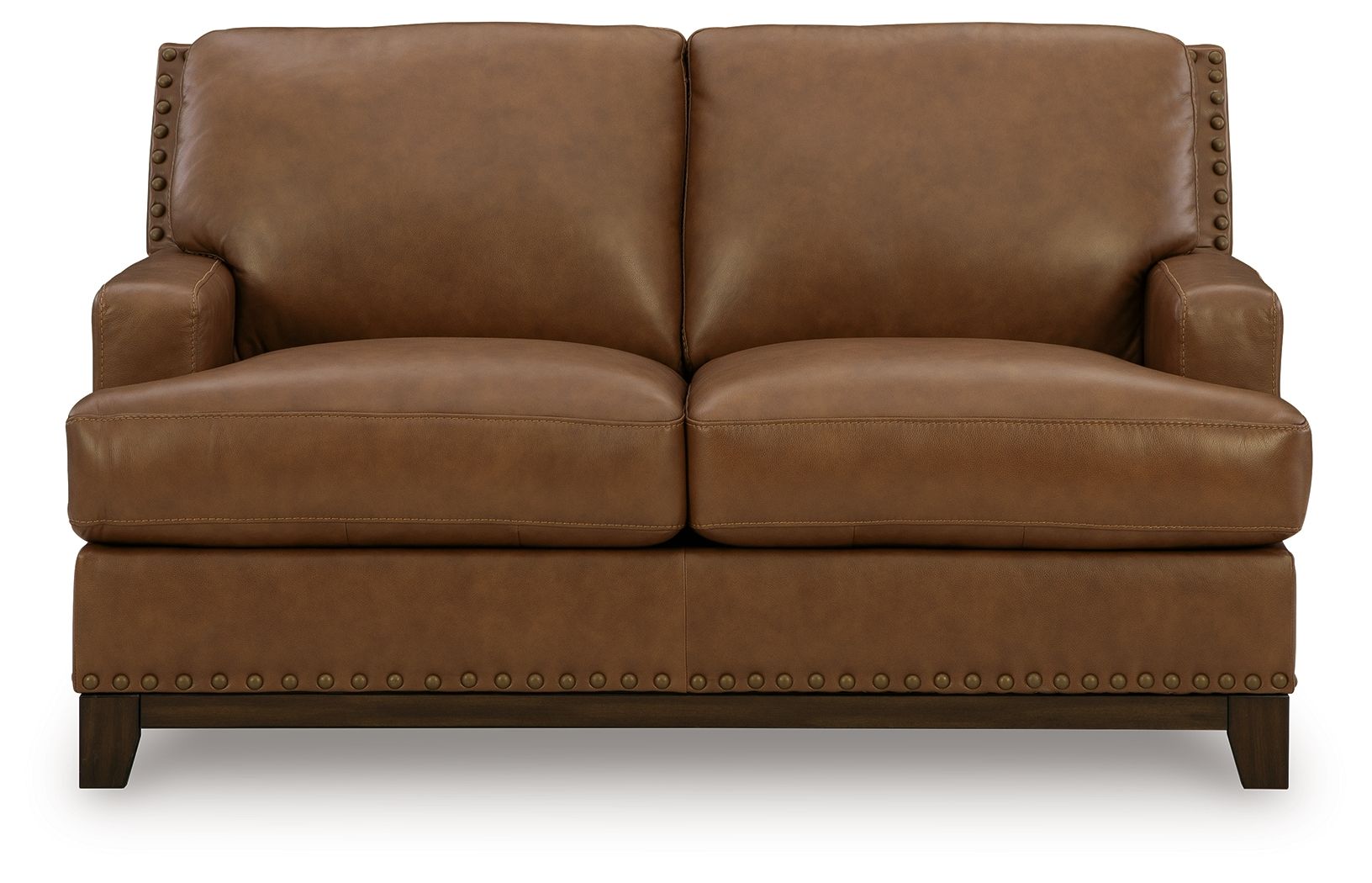 Brown loveseat sofa with nailhead trim and two cushioned seats, square arms and dark legs