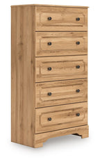 Warm brown five-drawer chest with carved drawer fronts and dark metal knob pulls
