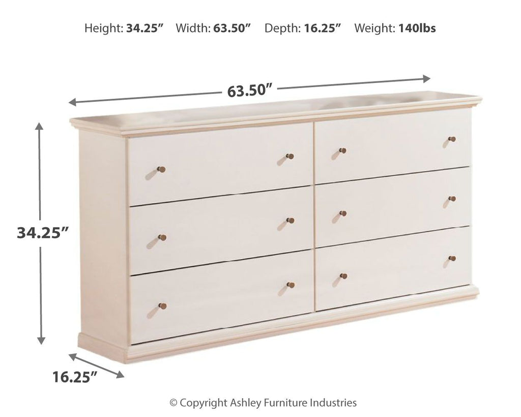 White dresser with six drawers, brass knobs, and size measurements shown