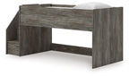 Gray loft bed frame with storage stairs and open lower compartments