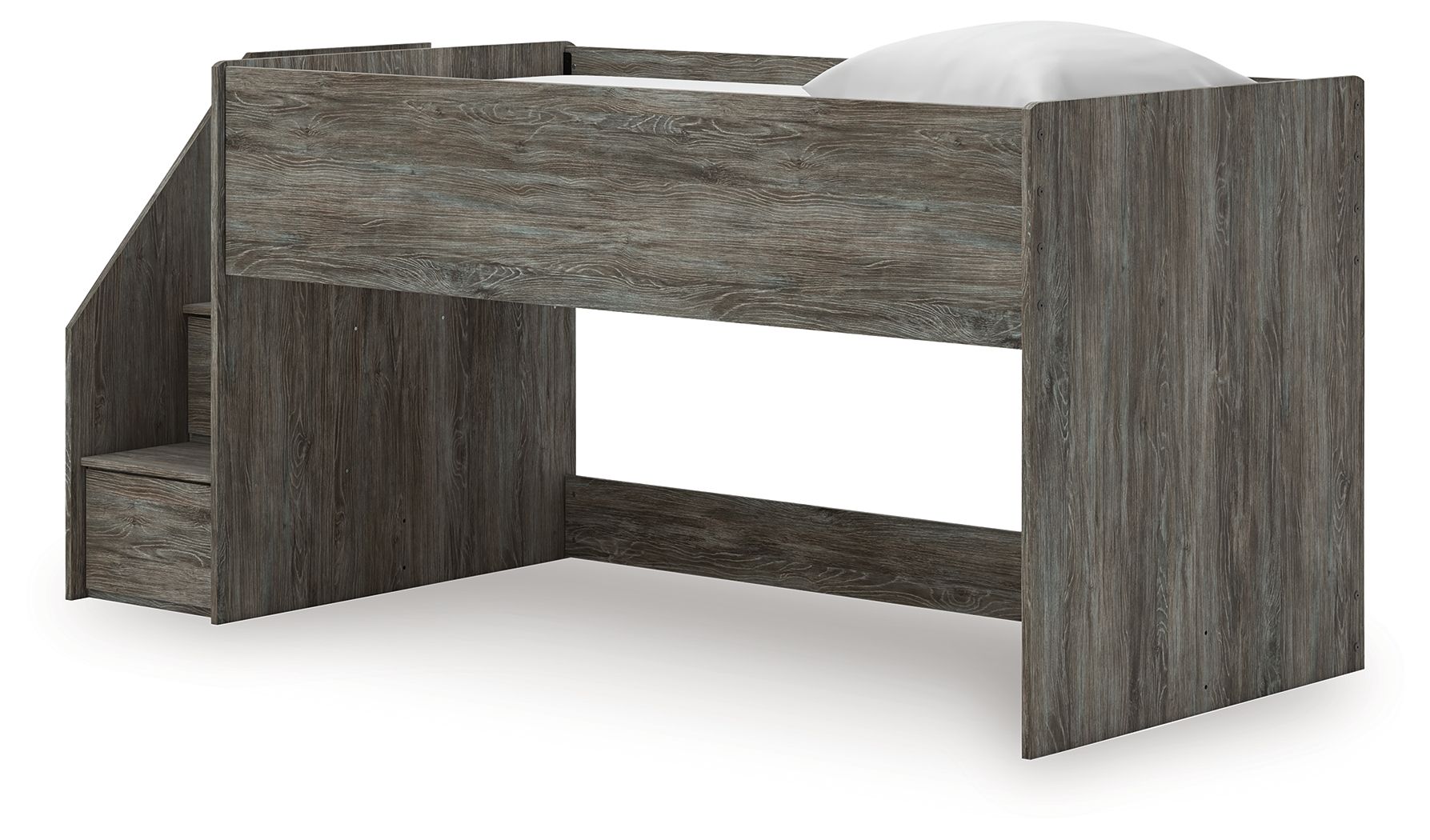 Gray loft bed frame with storage stairs and open lower compartments