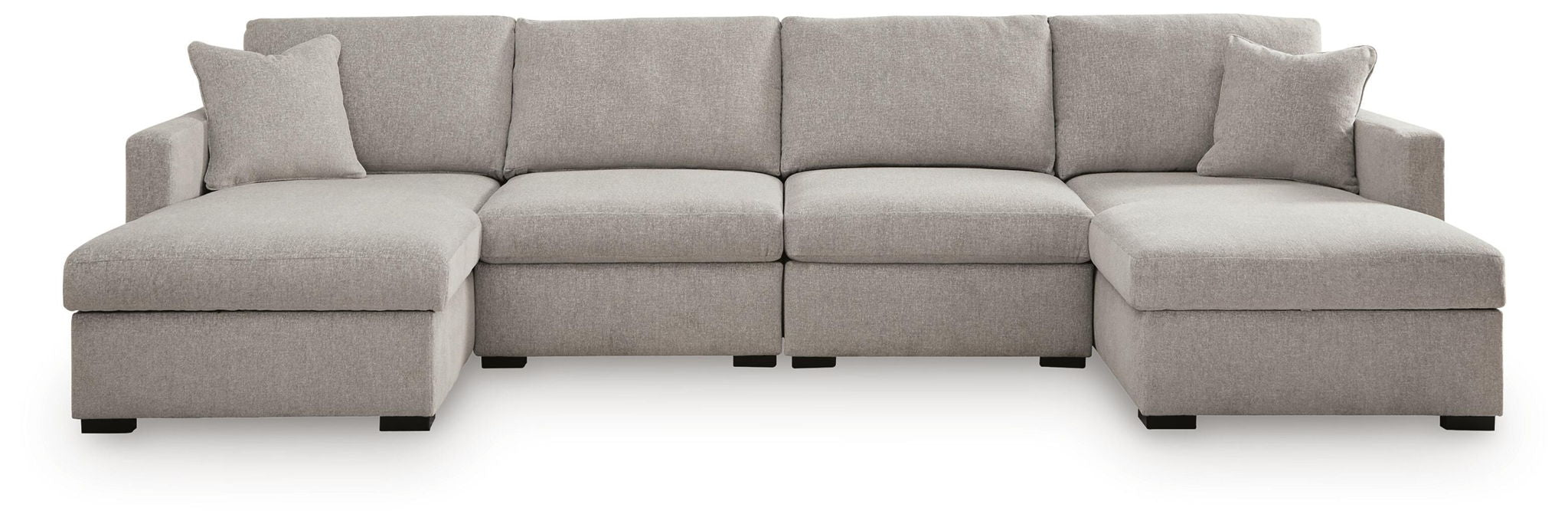 Gray sectional sofa with chaise ottomans and firm, square seat and back cushions