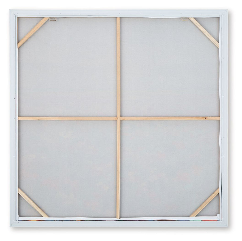 Wall art back panel with light wood crossbars and white backing, square frame