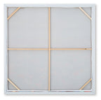 Wall art back panel with light wood crossbars and white backing, square frame