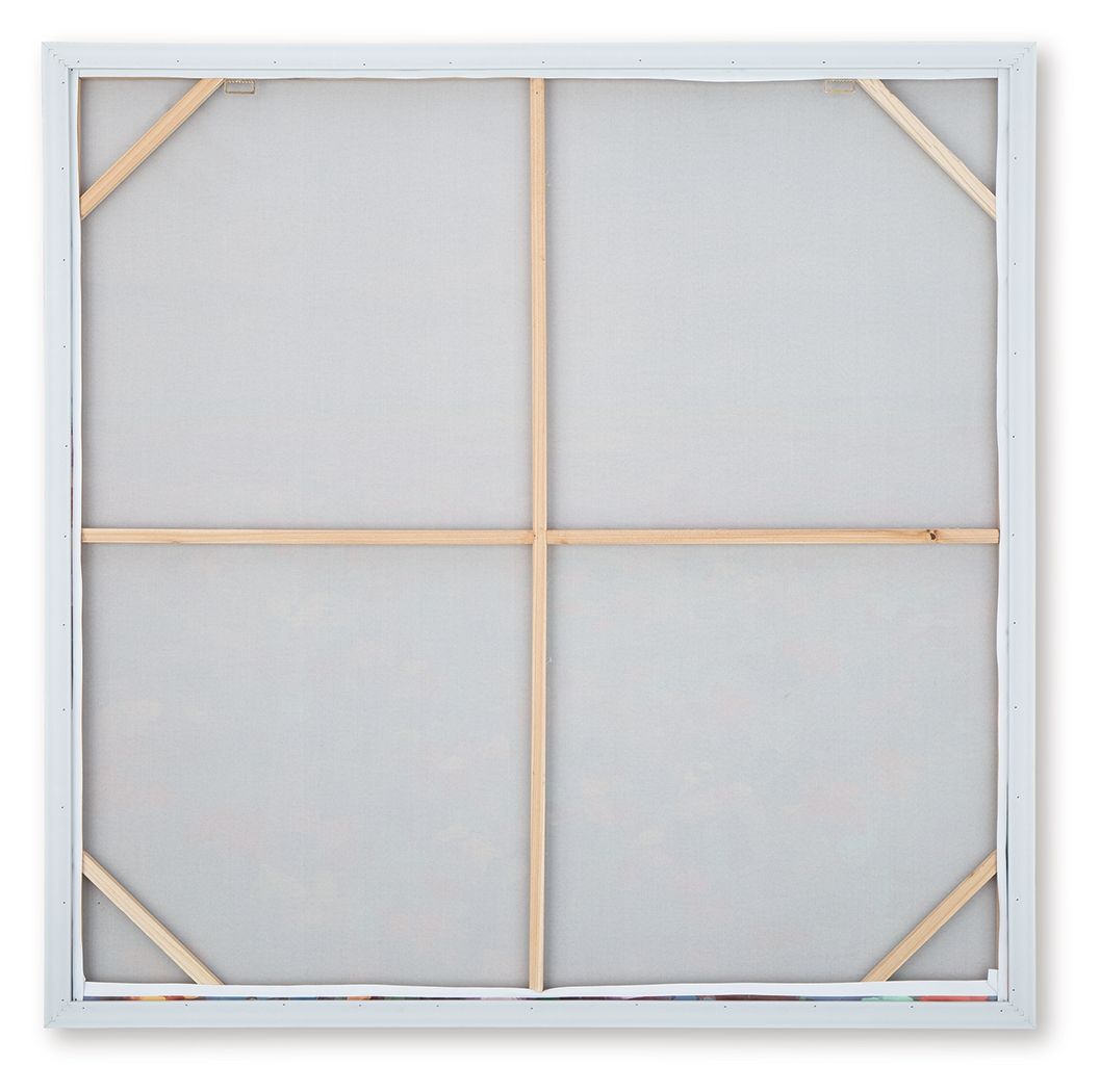 Wall art back panel with light wood crossbars and white backing, square frame