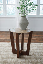 Warm brown round end table with round top and four curved legs