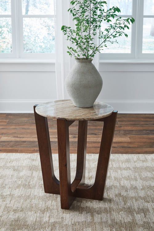 Warm brown round end table with round top and four curved legs