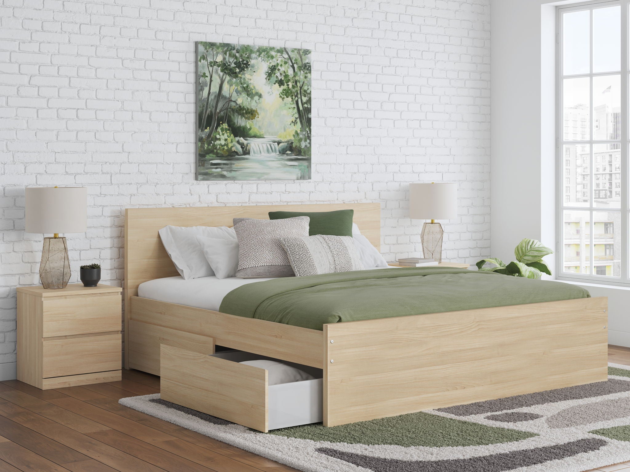 Light brown wood platform bed with panel headboard and side storage drawers; white pillows.