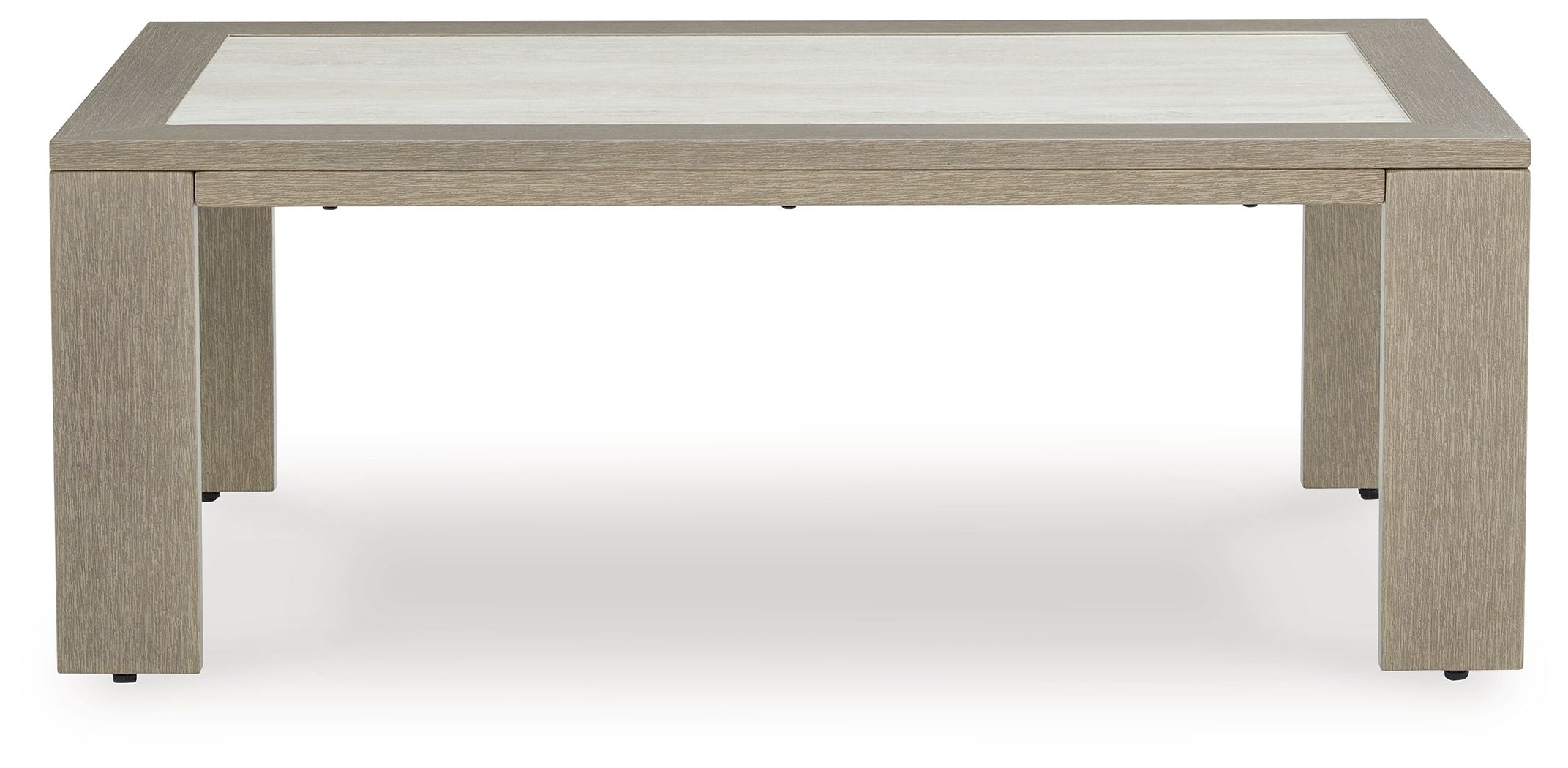Beige rectangular table with inset light top and corner support legs