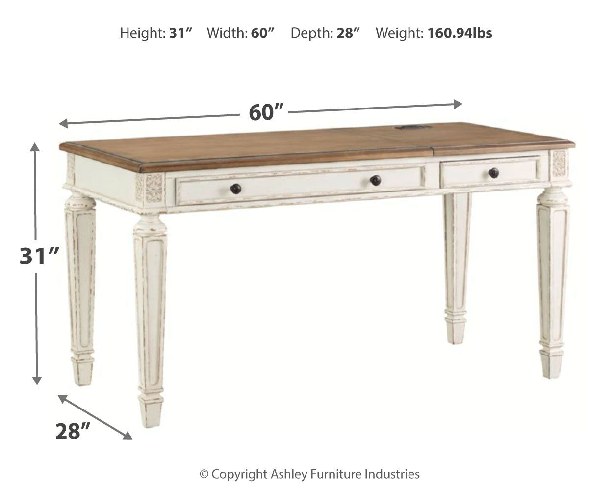 Lift-top desk with white frame, brown top, and two drawers