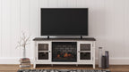 White TV stand with faux fireplace insert under TV, glass doors, red ember glow