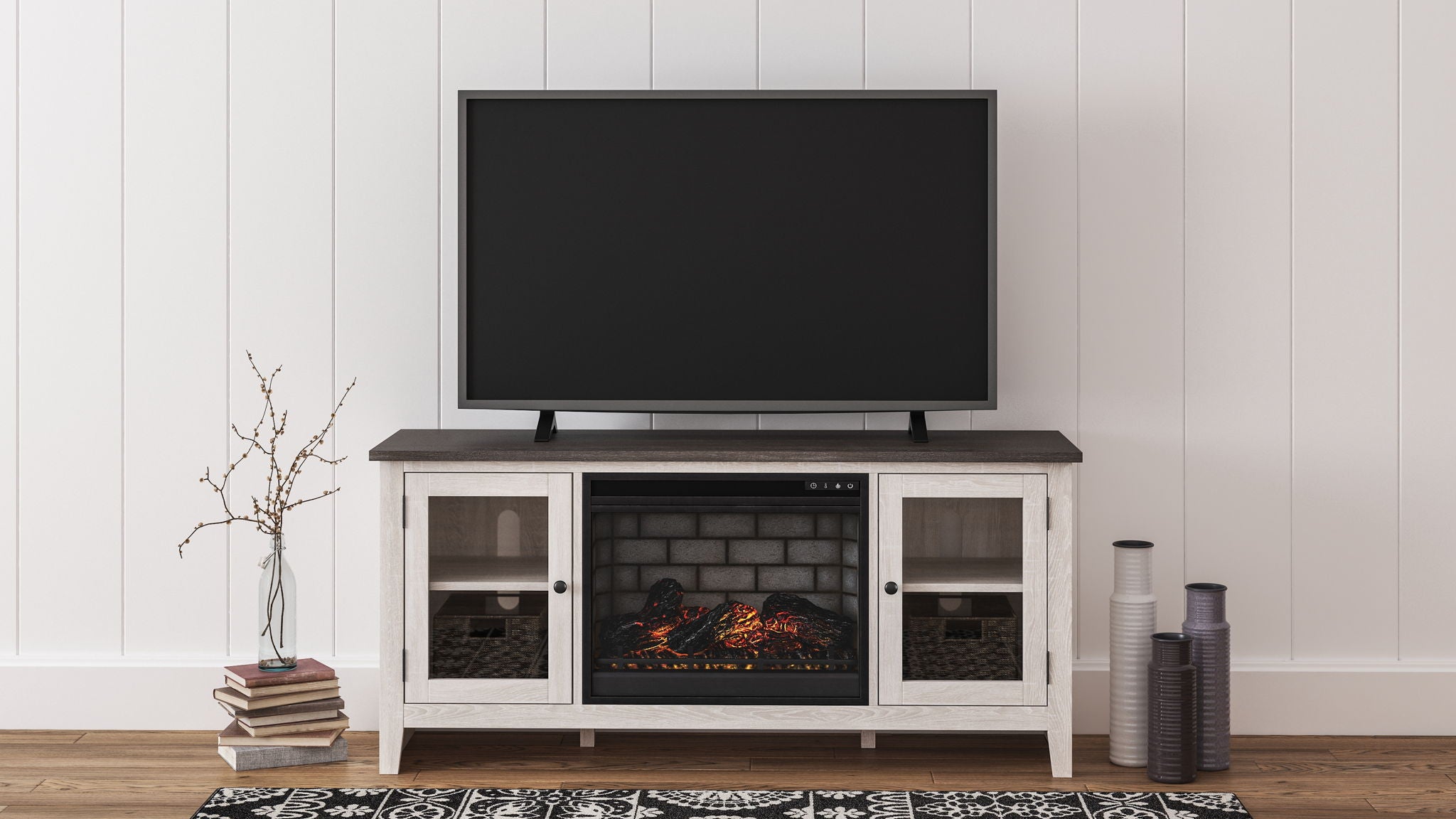 White TV stand with faux fireplace insert under TV, glass doors, red ember glow