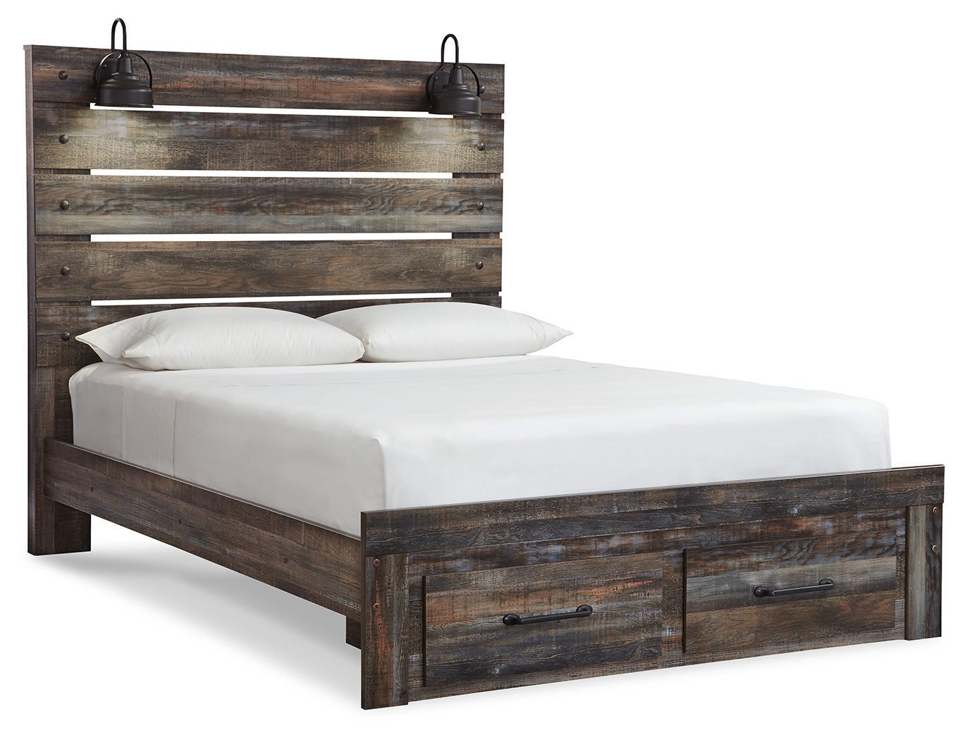 Panel bed with four side drawers, dark distressed wood, white pillows and fitted sheet