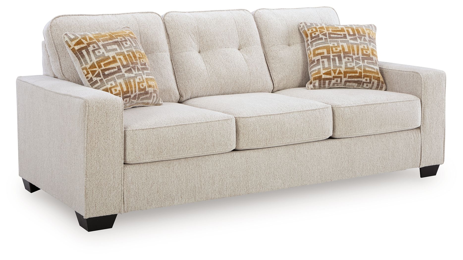 Queen sofa sleeper with beige upholstery and two patterned throw pillows