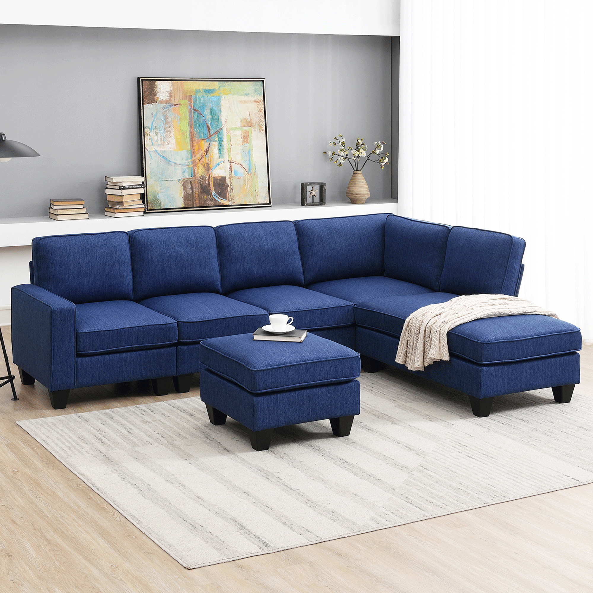 Modern Blue L-Shaped Sectional Sofa w/ Ottoman | 7 Seats | Linen