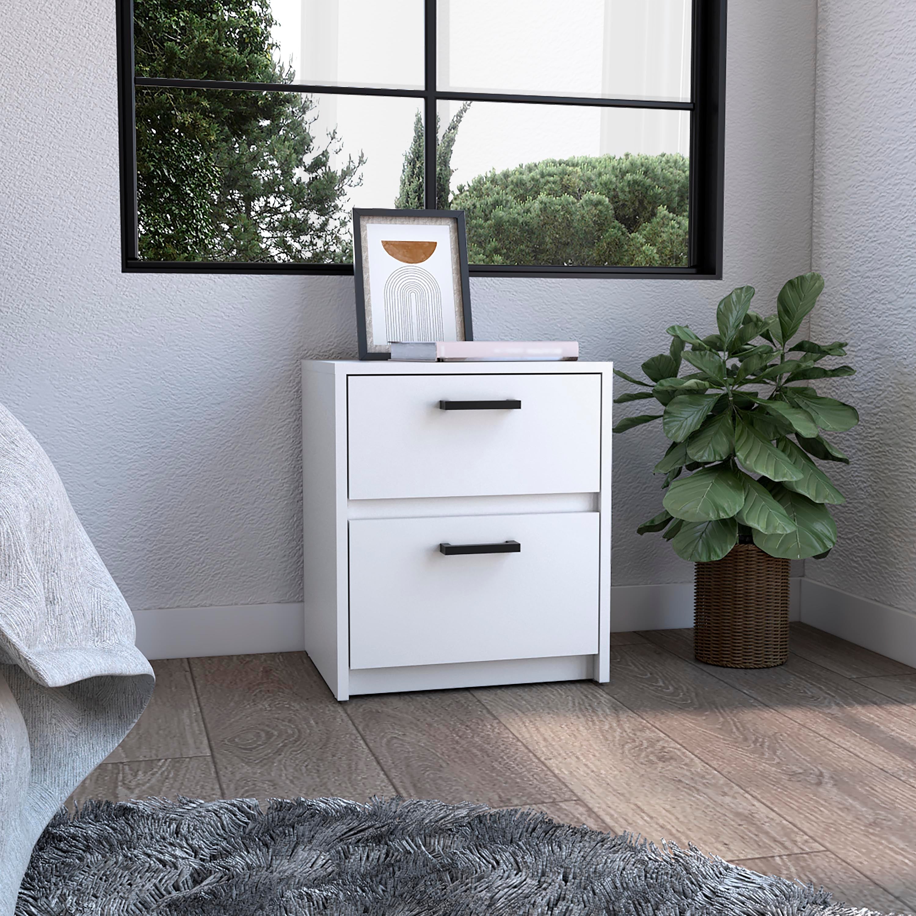 White 2-Drawer Nightstand with Metal Handles 18"H