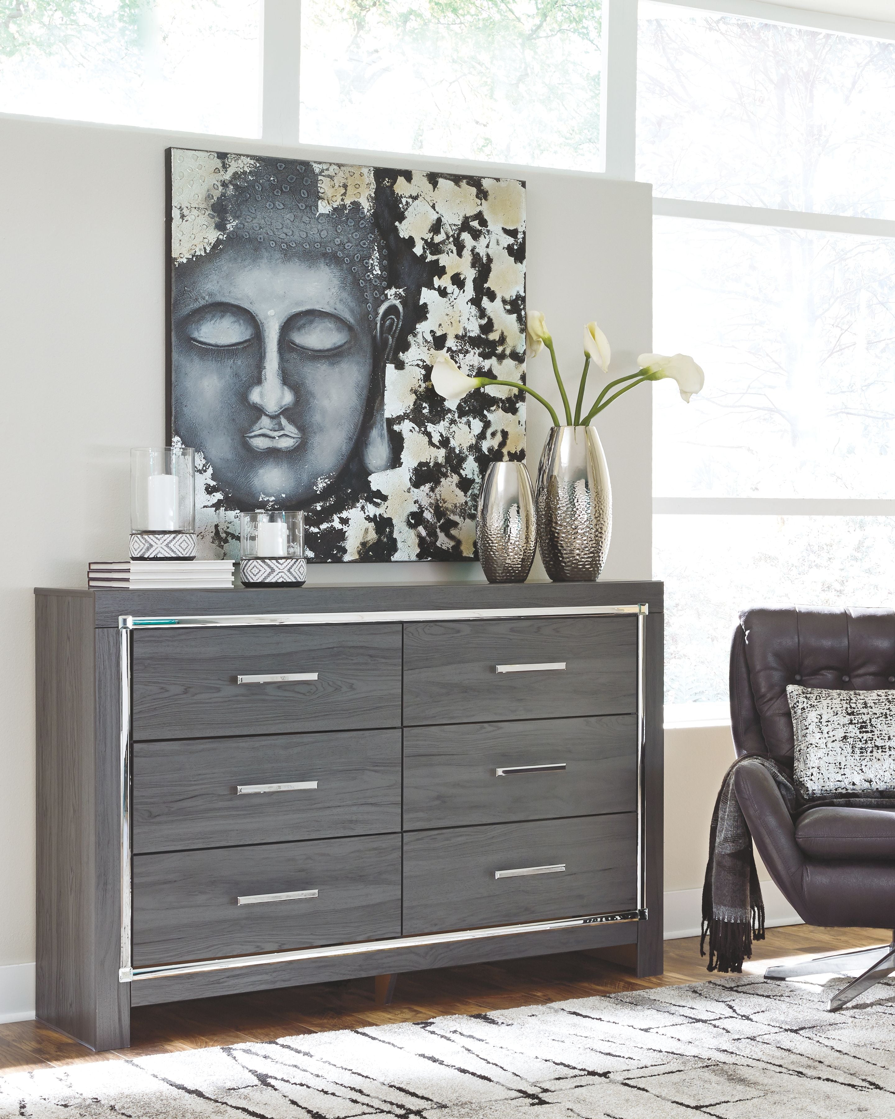 Gray dresser with mirror, six drawers, chrome bar pulls, metal-trim border