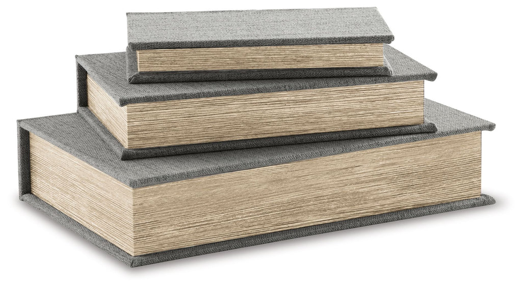 Decorative box set with stacked gray fabric lids and wood-textured sides.