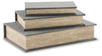 Decorative box set with stacked gray fabric lids and wood-textured sides.