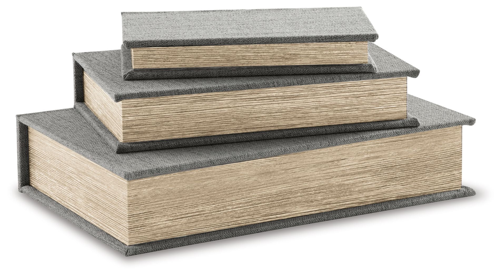 Decorative box set with stacked gray fabric lids and wood-textured sides.