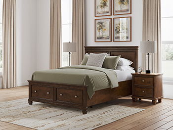 Brown wooden storage footboard with roll slats, matching bed frame end panel