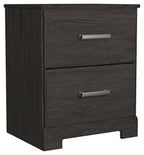 Charcoal two-drawer night stand with two silver bar handles and side panel