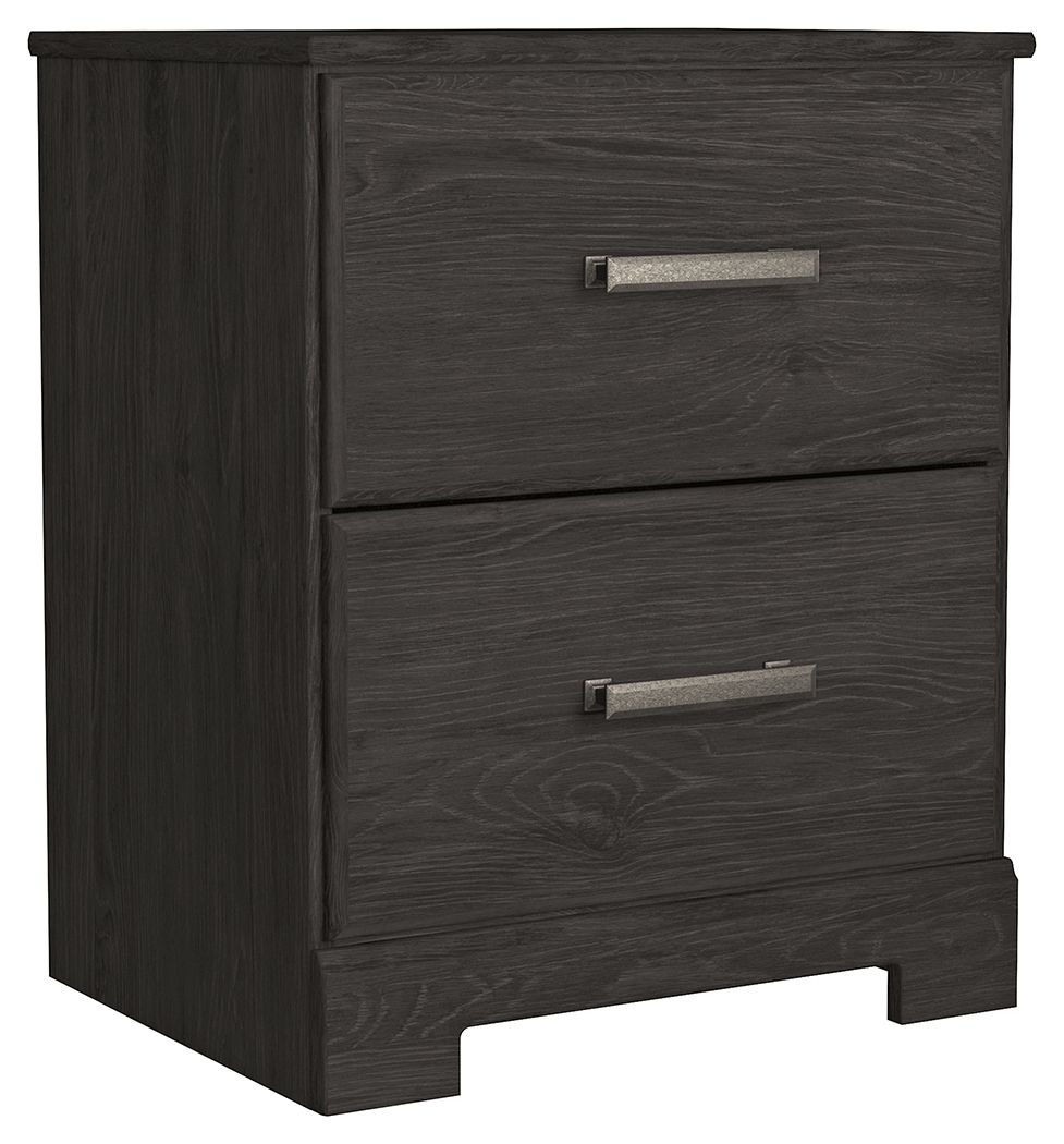 Charcoal two-drawer night stand with two silver bar handles and side panel