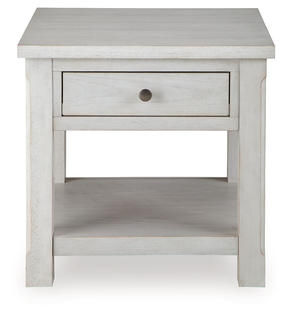 White side table with one drawer, open lower shelf, and centered metal knob.