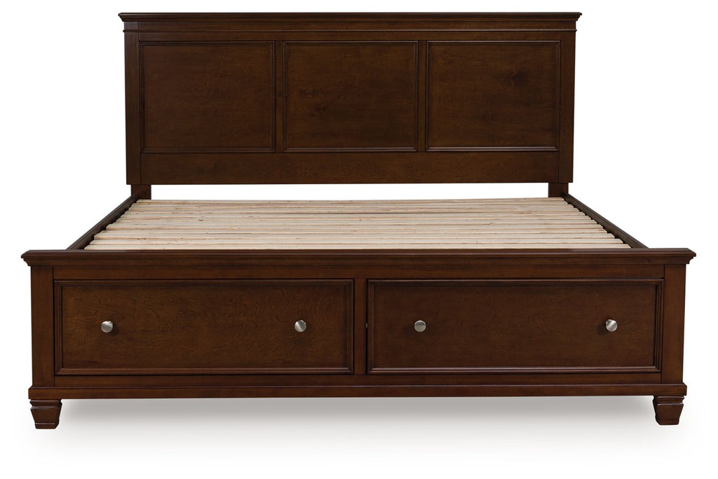 Dark brown panel bed frame with two drawer fronts and paneled headboard
