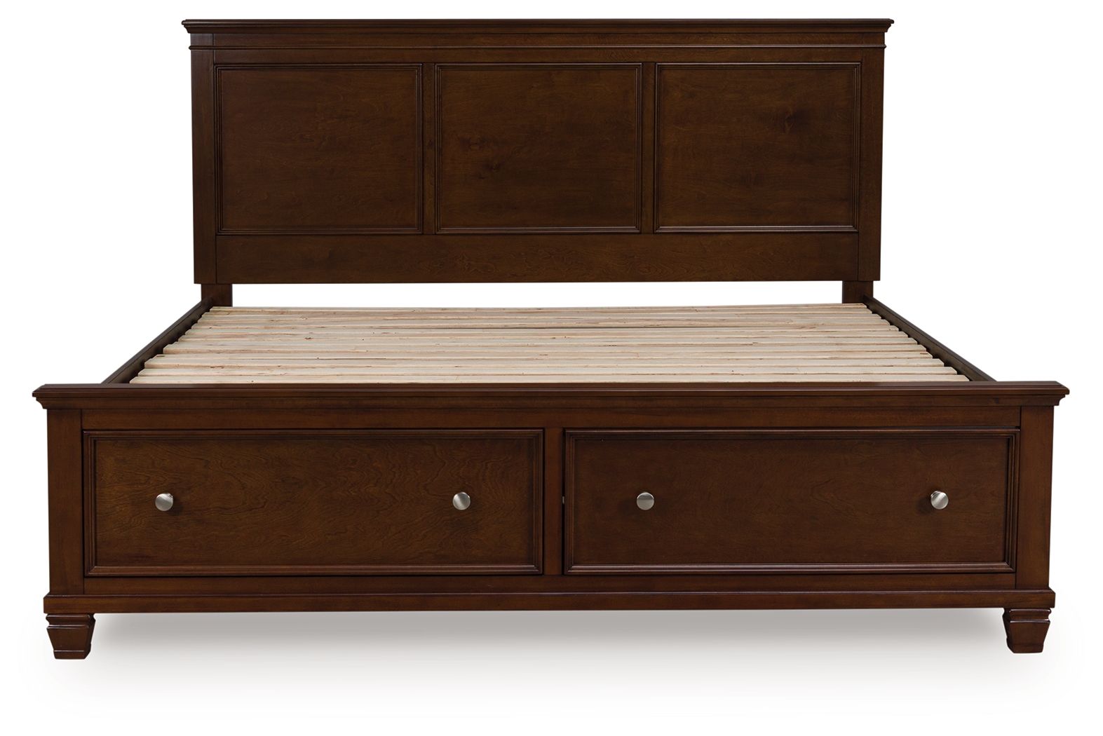 Dark brown panel bed frame with two drawer fronts and paneled headboard