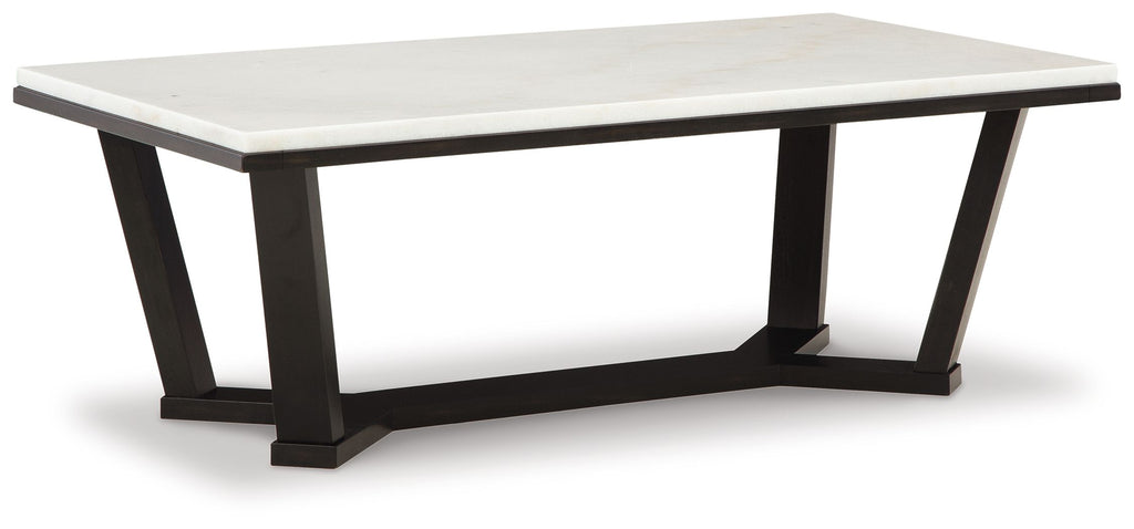 Rectangular cocktail table with white top and dark espresso-finished legs