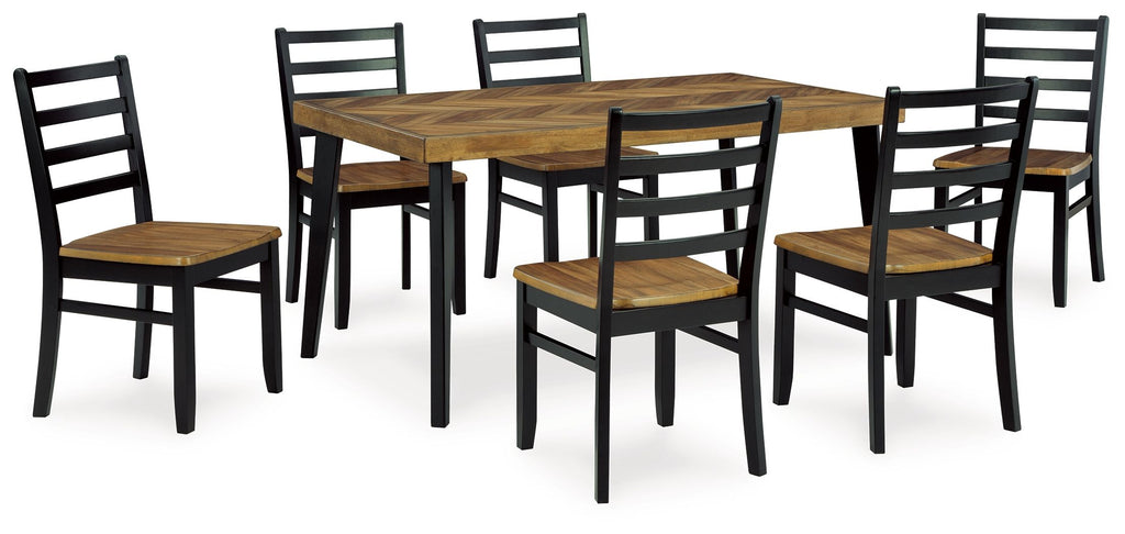 Rectangular dining table set with brown tabletop and 6 black chairs