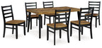 Rectangular dining table set with brown tabletop and 6 black chairs