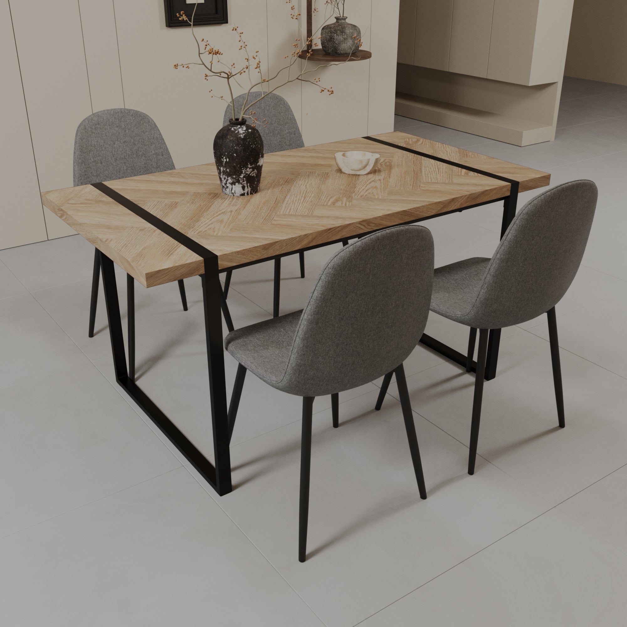 59" Modern Dining Table & 4 Suede Chairs Set