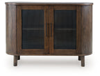 Medium brown accent cabinet with two ribbed glass doors and vertical bar pulls