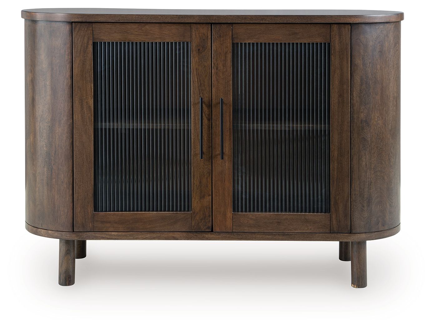 Medium brown accent cabinet with two ribbed glass doors and vertical bar pulls