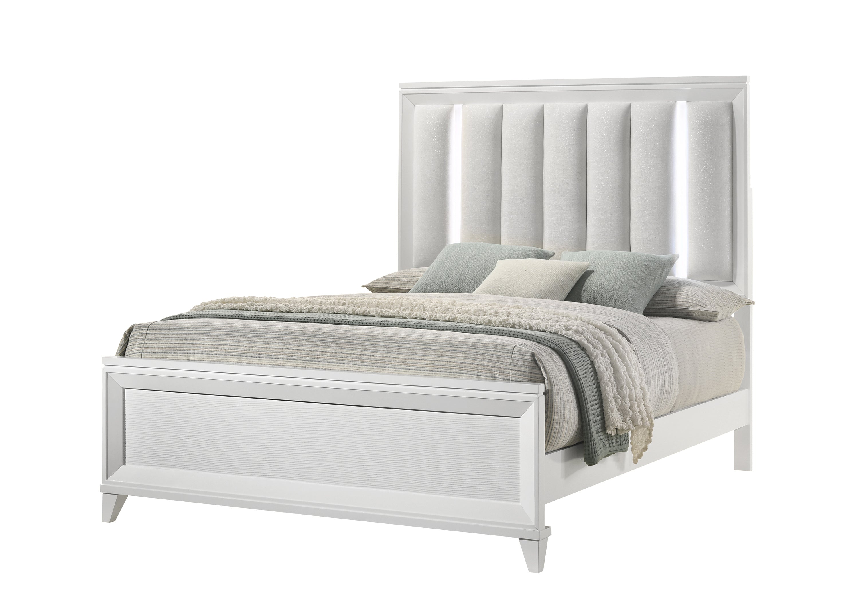 Queen Size Upholstered Panel Bed with LED Headboard - White Wood Furniture