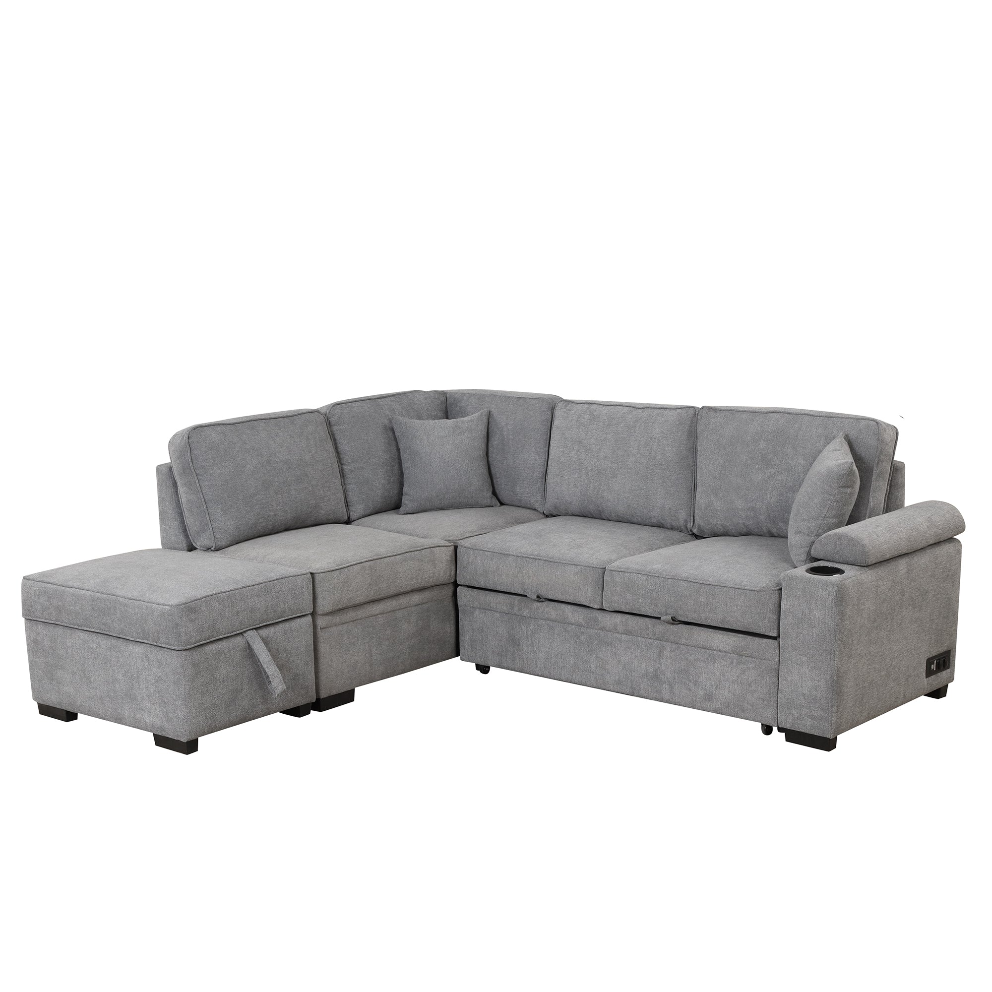 Modern Gray L-Shape Sleeper Sofa with Storage Ottoman