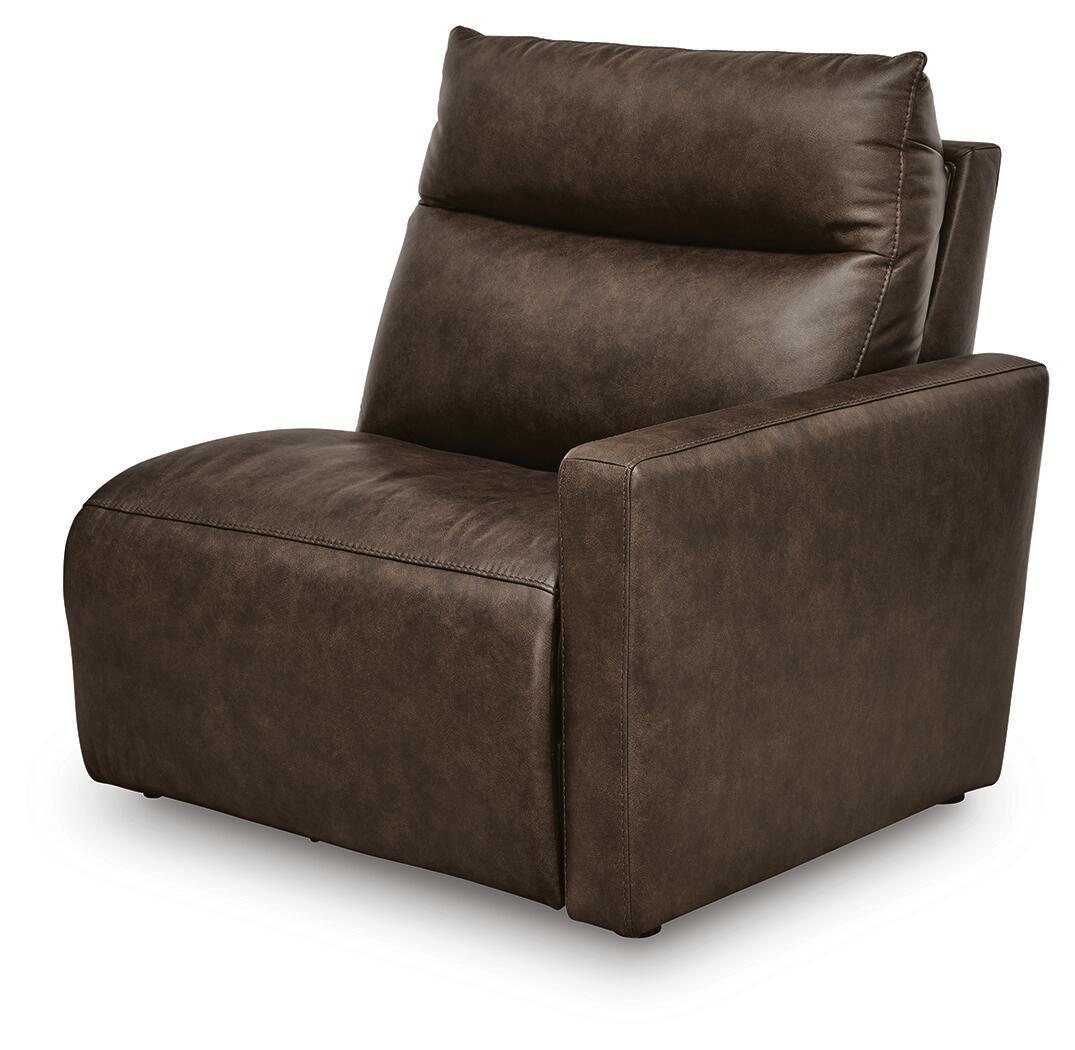 Chocolate brown wall power recliner chair with padded arms and back, cushioned seat