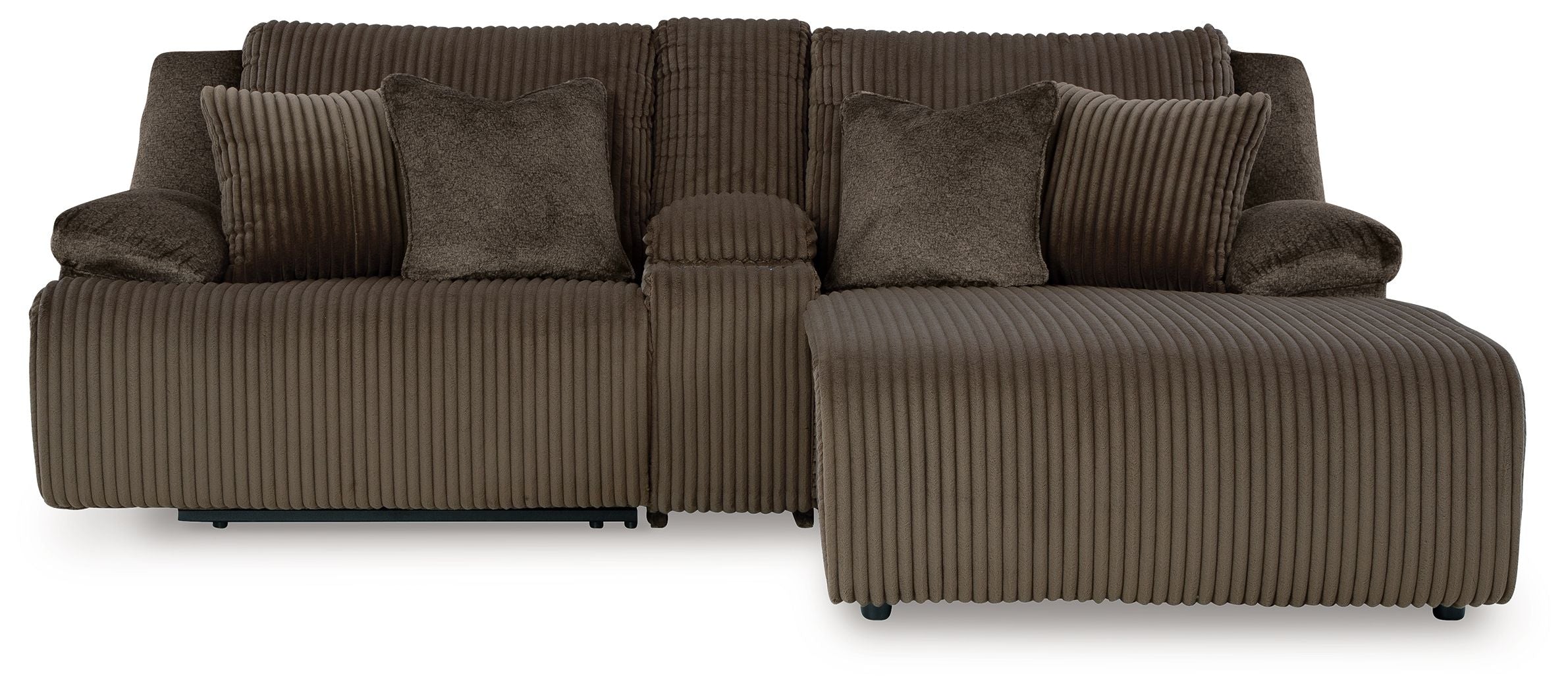 Chocolate brown reclining sectional with multiple back pillows and ribbed seat upholstery