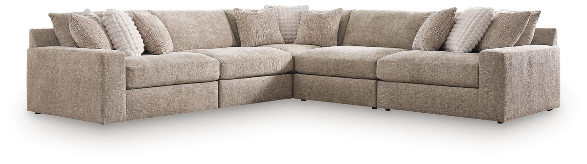 Burlap-upholstered L-shaped sectional sofa with chaise seating and accent pillows