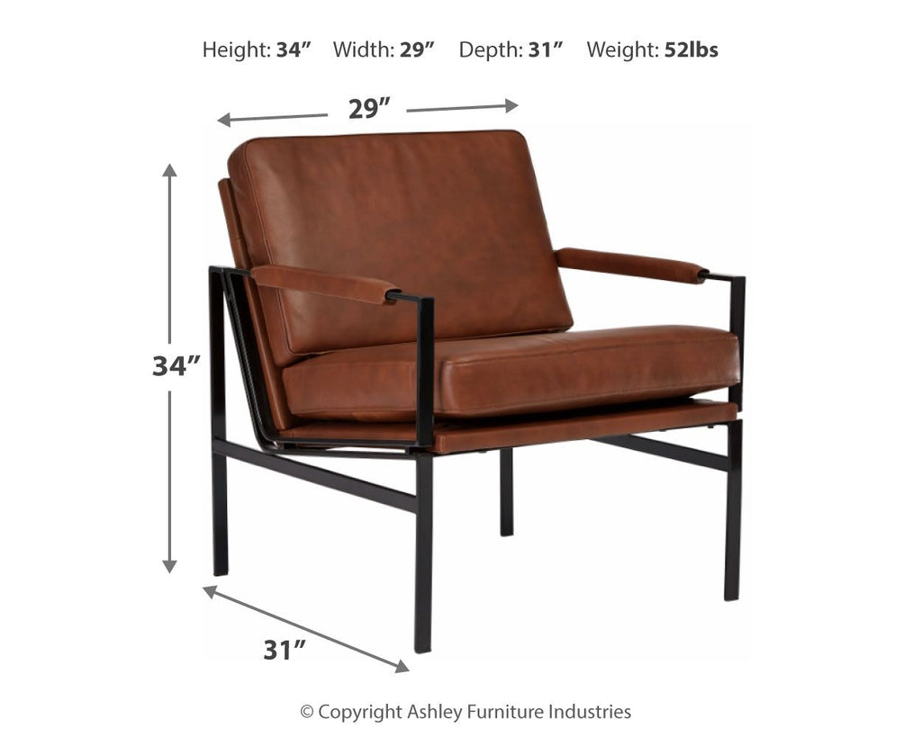 Brown leather-look accent chair with rectangular arm panel and thick padded cushions.