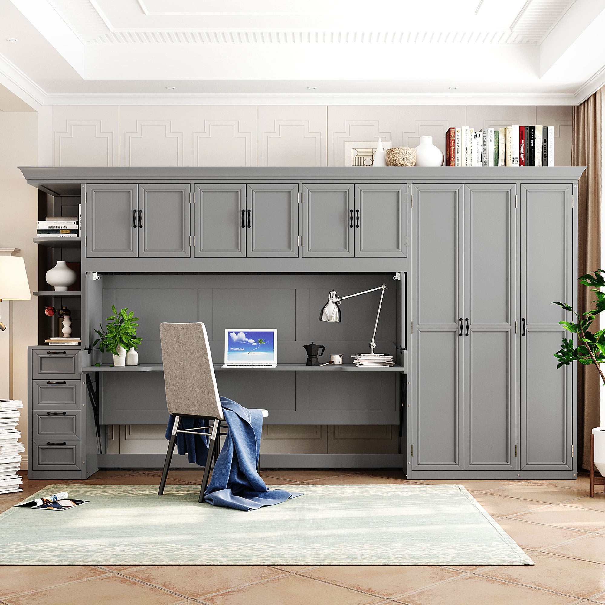 Twin Murphy Wall Bed with Wardrobe, Cabinet, Desk - Gray