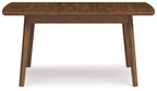Rectangular dining table in brown wood, rounded tabletop edge, front view