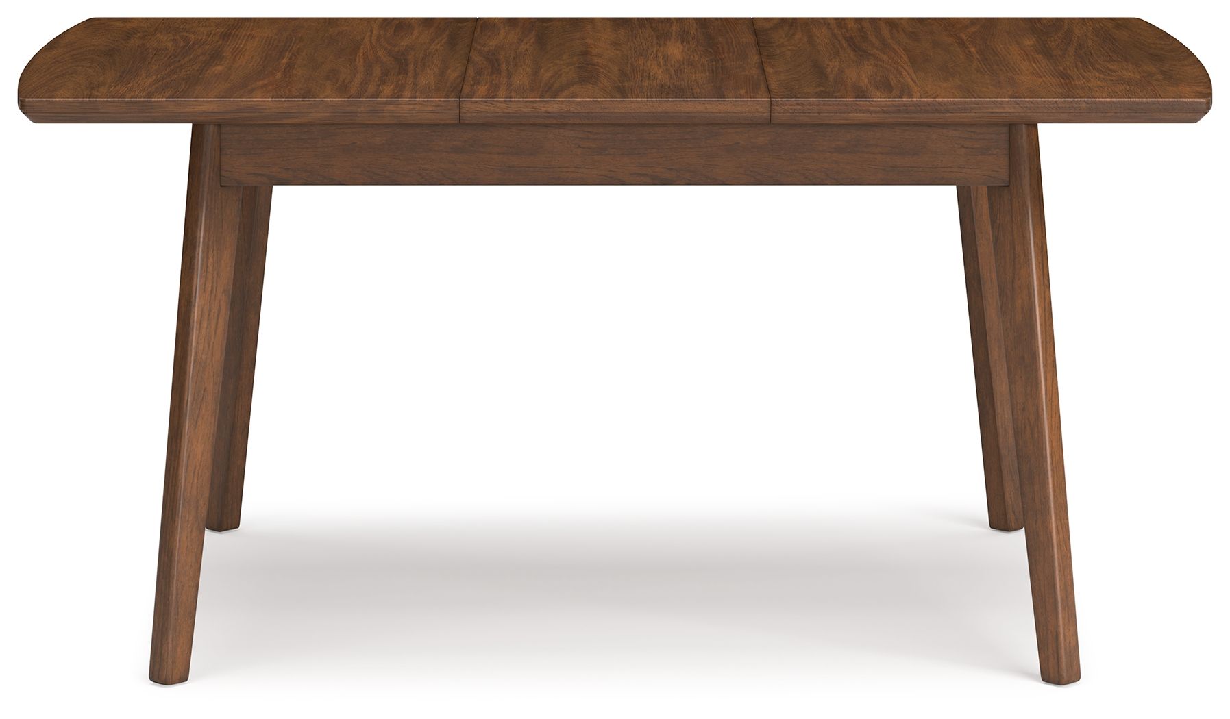 Rectangular dining table in brown wood, rounded tabletop edge, front view