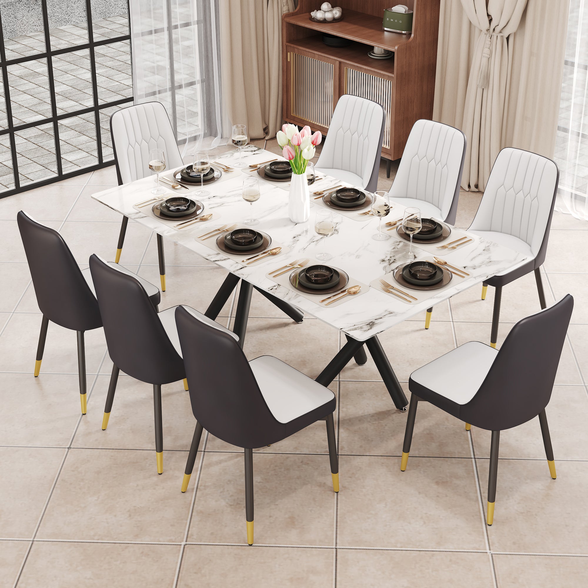 White Marble Dining Table & 8 Black Chairs Set F-1538