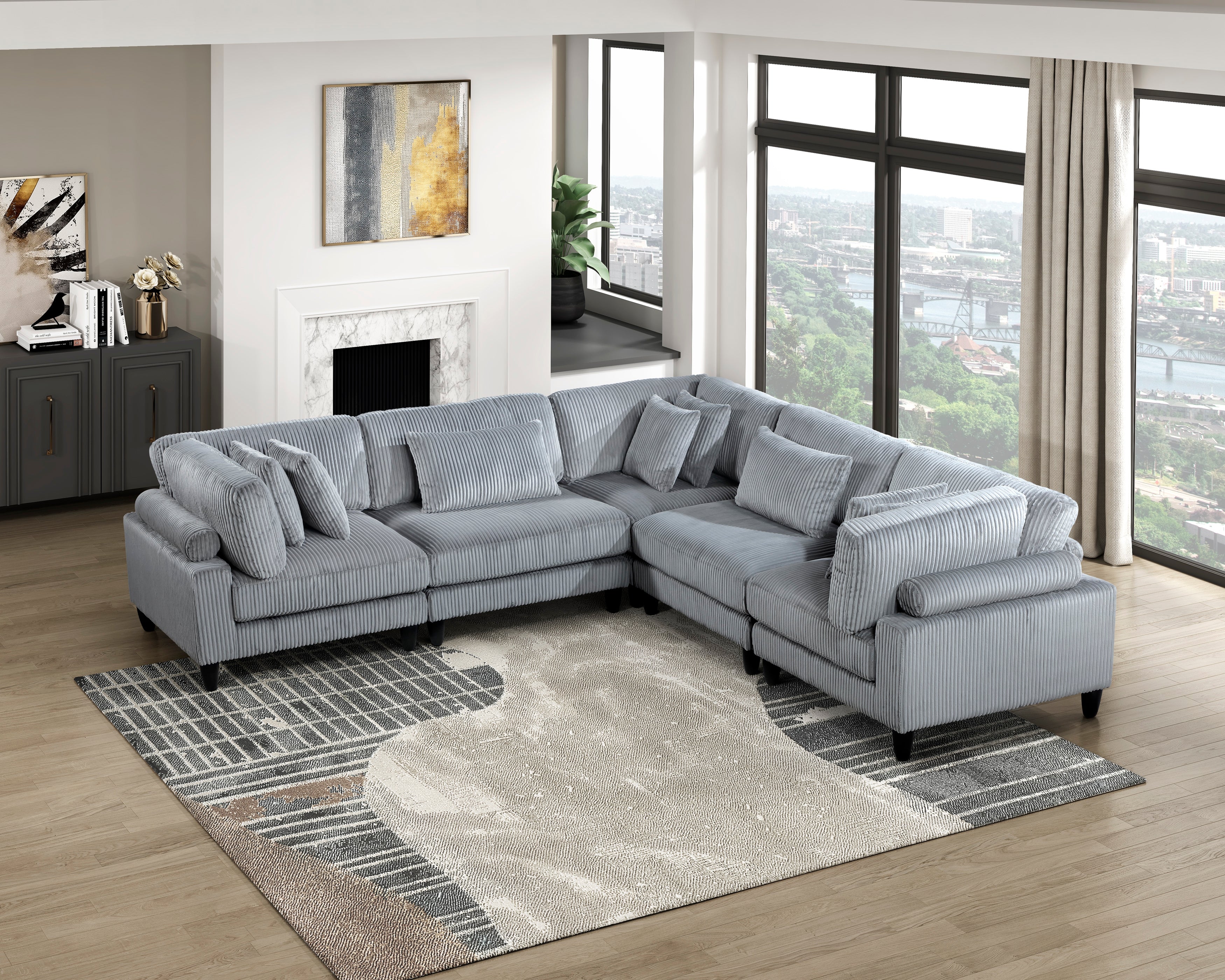 5pc Gray Corduroy Modular Sectional Sofa Living Room Set