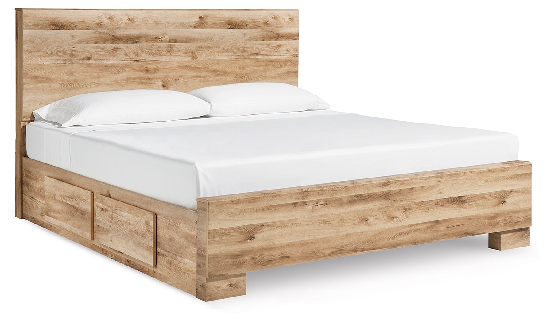 Storage bed with two drawers, light beige wood grain frame and white mattress