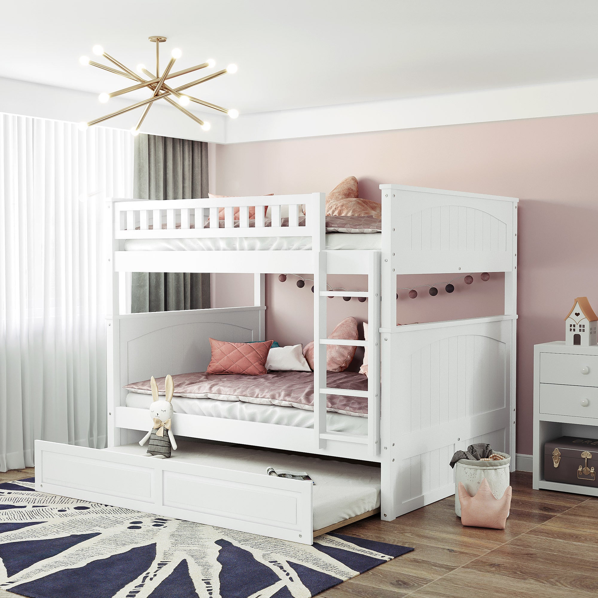 White Pine Wood Full Over Full Bunk Bed w/ Twin Trundle